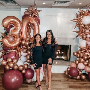 rose gold 30th birthday balloon columns